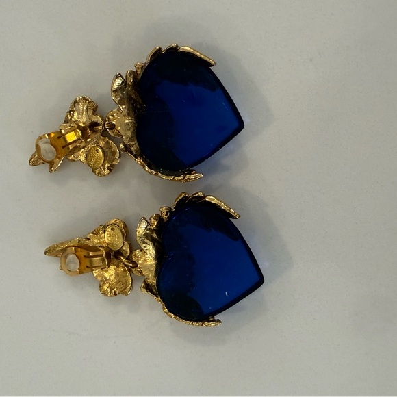 Brigitte Lambert Paris Blue Acrylic and Gold Clip On Statement Earrings - Picture 4 of 7
